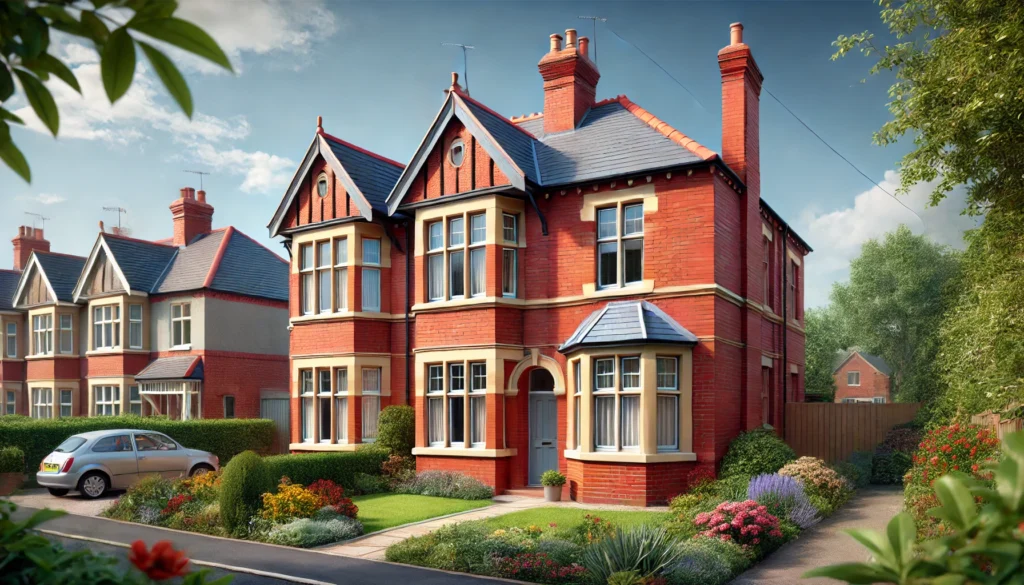 Traditional UK semi-detached house with a red-brick exterior, bay windows, and a well-kept front garden.