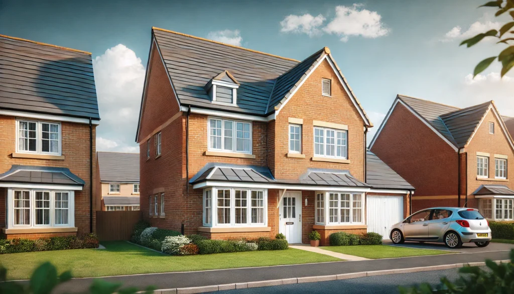 Modern detached family home in the UK with a brick exterior, two stories, and a small front garden.